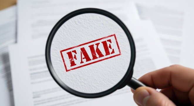 A hand examines fake documents with a magnifying glass closely.