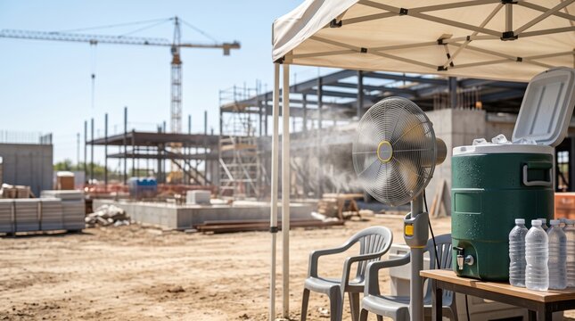 Cooling station with fan, water cooler and drinking water at a construction site. Heat stress prevention, worker hydration, summer safety and occupational health concept