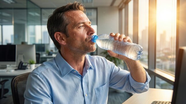 Worker drinking bottled water in a hot office during summer. Heat stress, hydration, high temperatures, workplace wellness, dehydration prevention