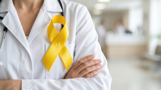Healthcare professional wearing a yellow awareness ribbon supporting bladder cancer, sarcoma, hydrocephalus, early diagnosis, patient support, prevention and global healthcare campaigns