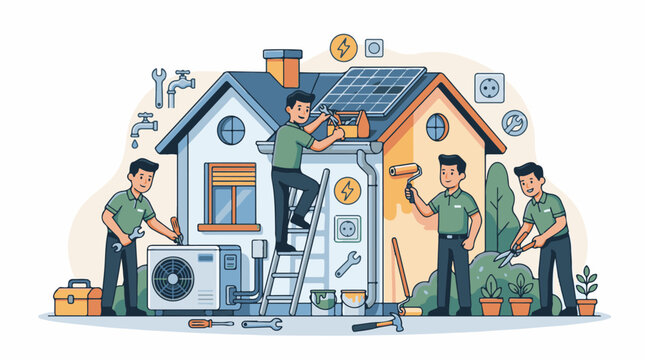 A cartoon illustration of four men in green shirts performing various home maintenance tasks