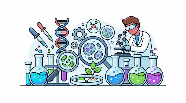 A cartoon scientist in a lab coat examines a specimen with a microscope surrounded by colorful beakers test tubes and