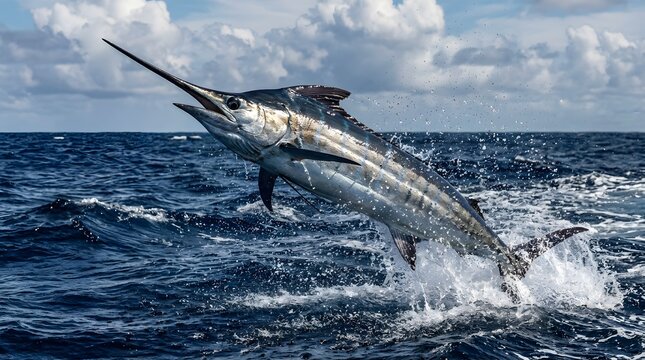 Majestic marlin leaping from ocean waters under cloudy sky