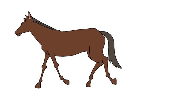 2D cartoon animation of a brown horse trotting