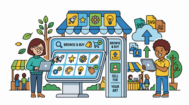 People selling art online via a digital marketplace storefront