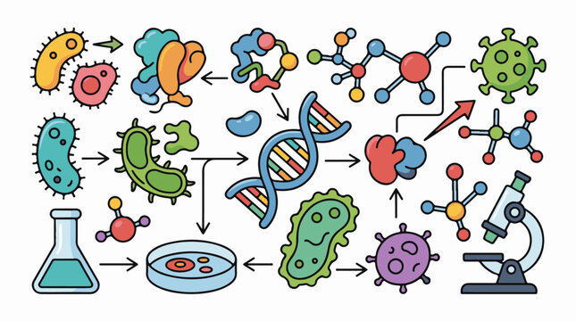 A colorful illustration depicting the process of genetic mutation and evolution of microorganisms