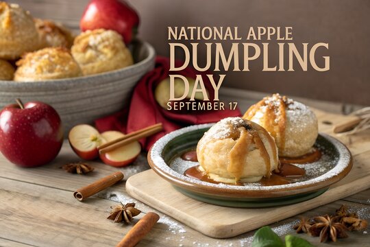 Delicious golden baked apple dumplings topped with sweet caramel sauce and powdered sugar resting on a ceramic plate next to fresh cinnamon sticks and whole red apples for national day.