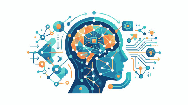 A colorful illustration of a human head with a brain made of polygons and circuits