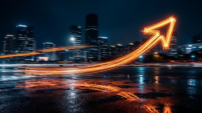 Digital arrow pointing up, showing growth and success against city skyline at night, symbolizing financial progress and forward momentum with light trails.