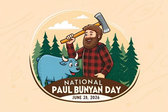 Cartoon lumberjack with a large brown beard wearing a red plaid shirt holds his sharp axe while standing next to a friendly blue ox for the national paul bunyan day.