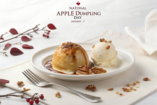 Delicious golden apple dumpling served on a white ceramic plate with a scoop of creamy vanilla ice cream topped with crunchy roasted walnuts and sweet caramel sauce for a dessert