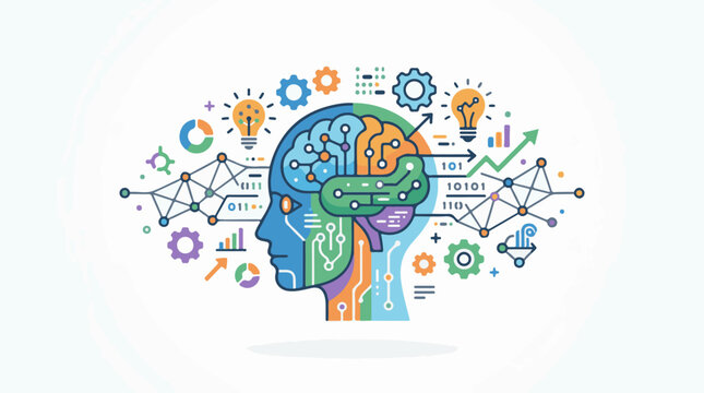 A colorful illustration of a human head with a brain that has circuitry and colorful sections surrounded by various ico