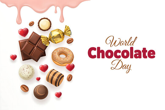 World chocolate day celebration banner with delicious assorted dark milk chocolate bars candies donuts and coffee beans with pink icing dripping from top as a sweet festive background design