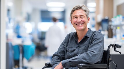 Fototapeta premium Man in Wheelchair Smiling in Hospital Corridor