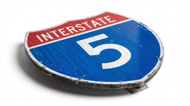 Weathered interstate 5 highway sign with chipped paint and rust on white background for road trip or transportation design
