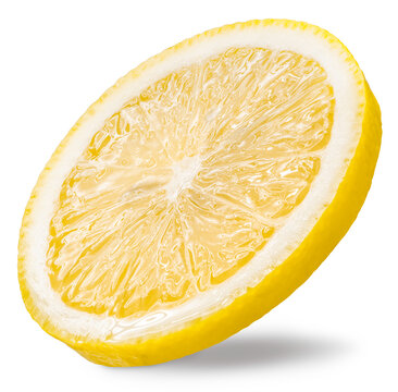 Sliced fresh lemon with sparkling water droplets isolated on white, with clipping path, healthy ingredients, gourmet beverage marketing, and high-quality food packaging design.