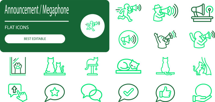 Announcement megaphone flat icons set featuring communication, public address, news broadcasting, and sound wave symbols.