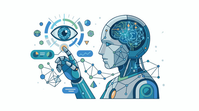 A futuristic robot with a human-like head and a brain visible inside interacts with a digital eye and various data visua
