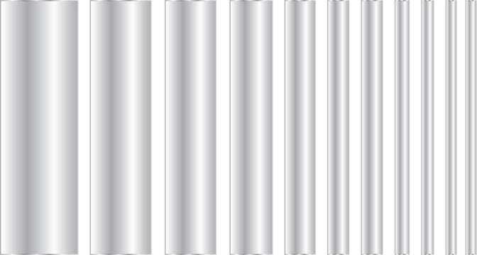 Set of metallic cylinders or pipes of different diameters, realistic 3d vector illustration of chrome or steel tubes