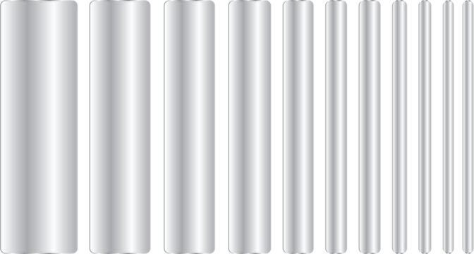 Set of metallic cylinders of different diameters, realistic 3d vector illustration of chrome or steel pipes, shiny metal tubes