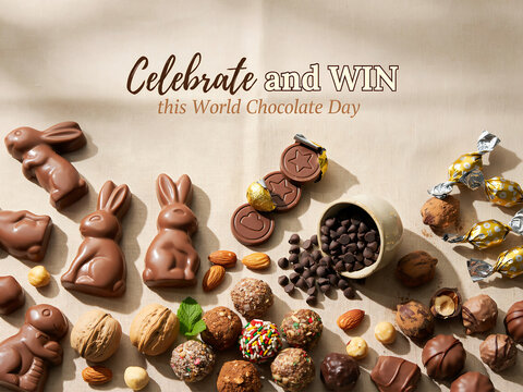 Celebrate and win this world chocolate day with a variety of delicious sweet chocolate treats including bunnies and candies arranged for a festive holiday promotion and marketing event