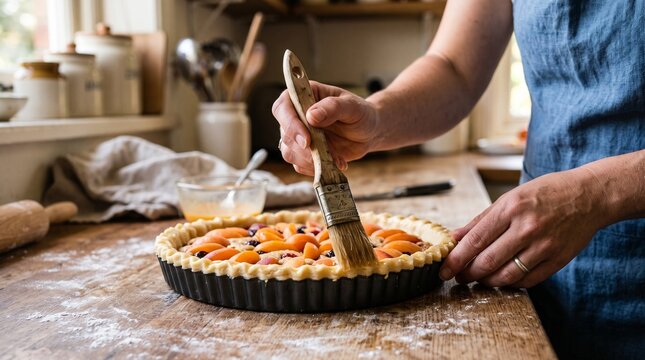 Baker Brushing Fruit Tart with Egg Wash in Rustic Kitchen Slow Motion Top View Zoom Out