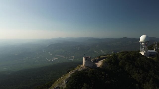 Drone Aerial Slow Push In to Vojak Lookout Tower on Učka Peak, Croatia