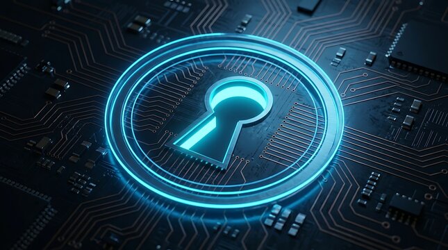 Close up of glowing keyhole symbol on digital circuit board representing technology security access and data protection concepts in modern cyberspace.