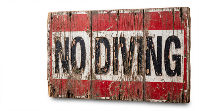 Weathered wooden no diving sign with peeling red and white paint for safety warning design use
