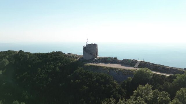 Drone Aerial Close Up Orbit of Vojak Stone Lookout Tower on Mount Učka, Croatia