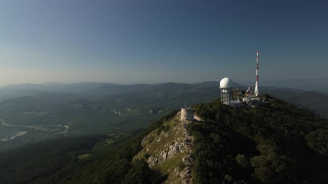 Drone Aerial Pan over Mount Učka Summit and Vojak Tower, Croatia