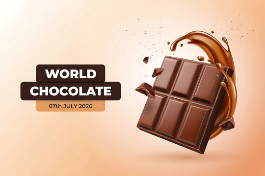 World chocolate day celebration banner with a delicious milk chocolate bar melting with liquid splash and sweet cocoa pieces on a light abstract background for marketing and social media