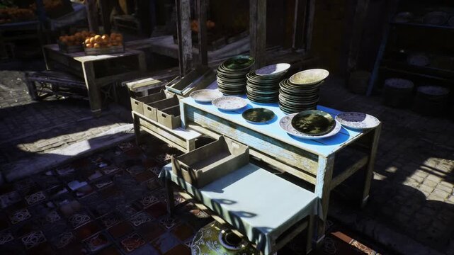 Warm evening plating station with stacked plates and shallow bowls catching low light, long dramatic shadows and worn surfaces convey busy night shift