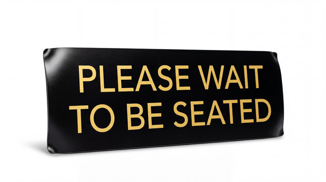 Black sign with gold lettering reading please wait to be seated for restaurant or event seating management