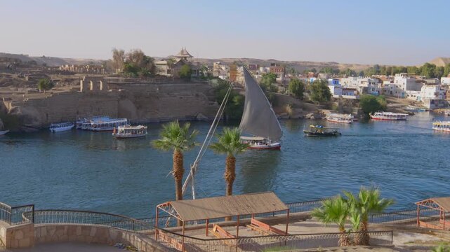 Traditional felucca sailboats and tourist boats on Nile River at Aswan, Egypt, with Elephantine Island Nubian village, palm trees and golden sand dunes behind. Timelapse
