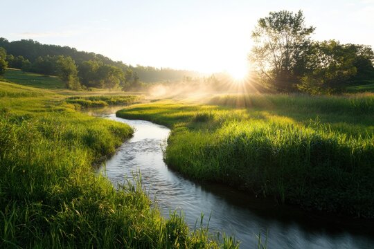 Green meadow winding stream soft light sunrise grass tree landscape nature rural field river water bank green morning mist sun sunlight serene tranquil scenic outdoor valley hillside meadow