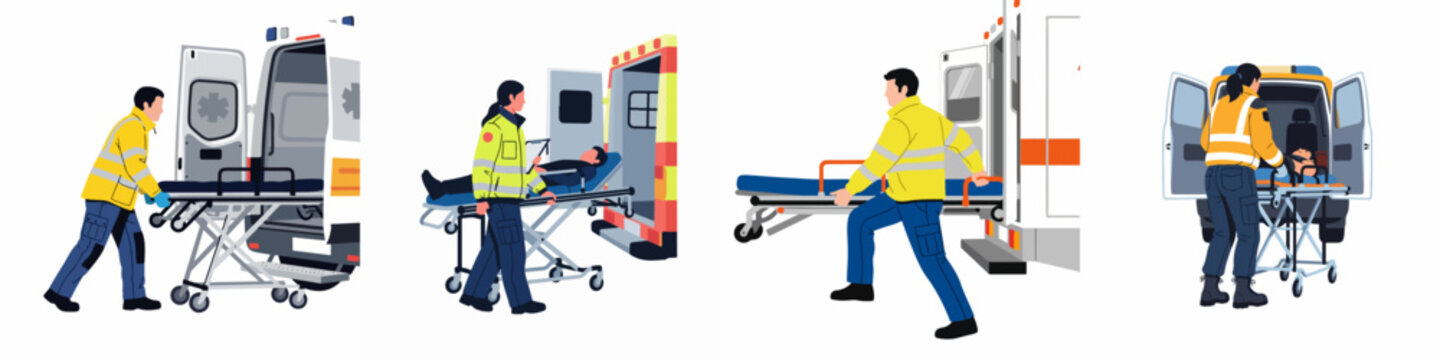 Set of flat vector illustrations depicting paramedics transporting patients on stretchers into an ambulance, representing emergency medical services and rescue operations.