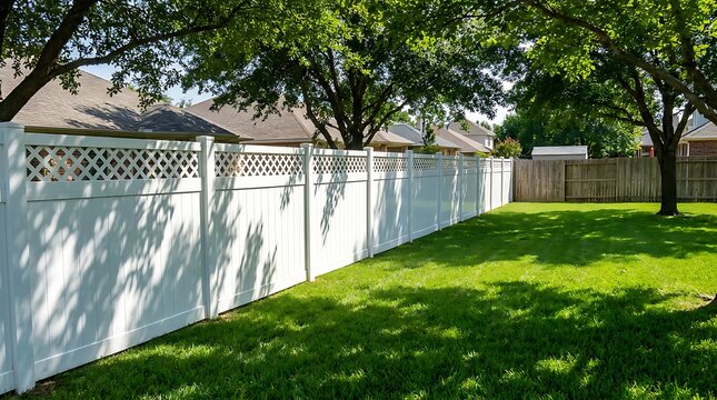 Long white vinyl fence with decorative lattice top, green grass yard, mature trees casting shadows, suburban homes, sunny day.