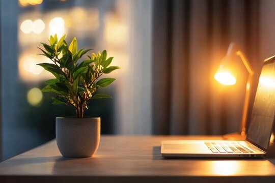 Minimalist office desk with potted plant and laptop in warm light