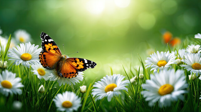 Orange butterfly perched on white daisy in meadow
