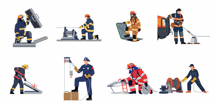 Flat illustration collection of firefighters and rescue personnel performing emergency operations with specialized equipment like winches, pry bars, and ladders for technical rescue missions.