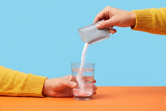 Hand pouring powder from sachet into glass with water, preparing healthy drink, close-up shot, studio lighting, bright background, wellness and hydration concept.