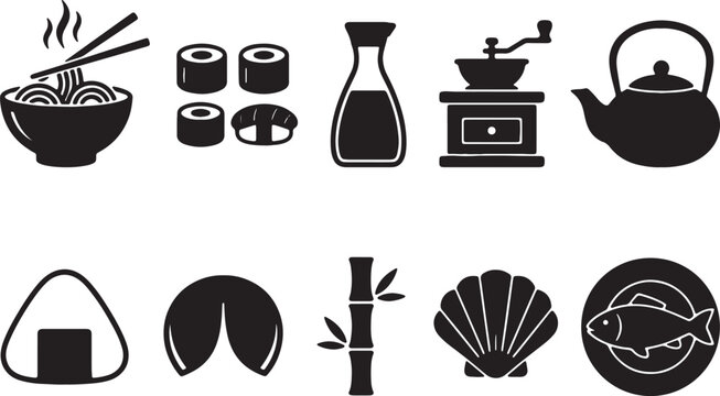 Asian food icons set black silhouette, diverse culinary elements vector collection with blank background for easy integration.
