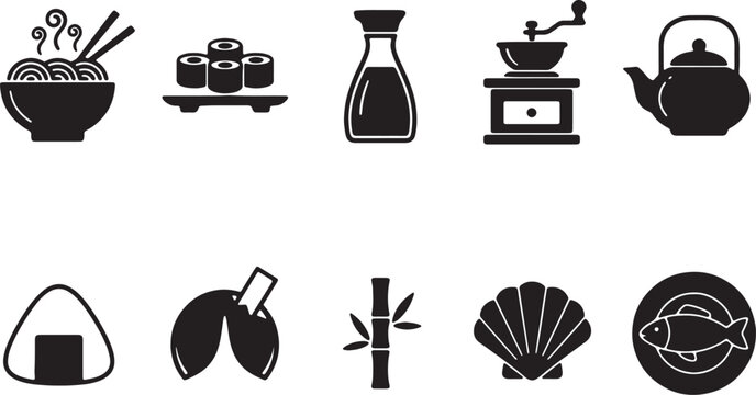 Japanese food and drink icons set including ramen sushi soy sauce grinder teapot onigiri.