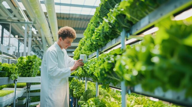 Technician inspecting vertical hydroponic lettuce in greenhouse