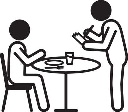 Person sitting at table while waiter takes order simple line art illustration.