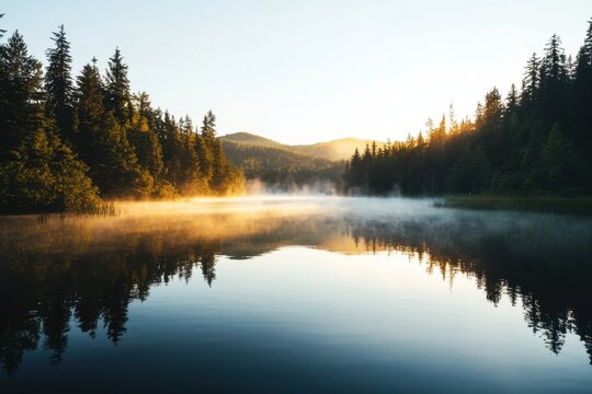 Tranquil lake forest mist sunrise reflection pine tree water mountain landscape nature view