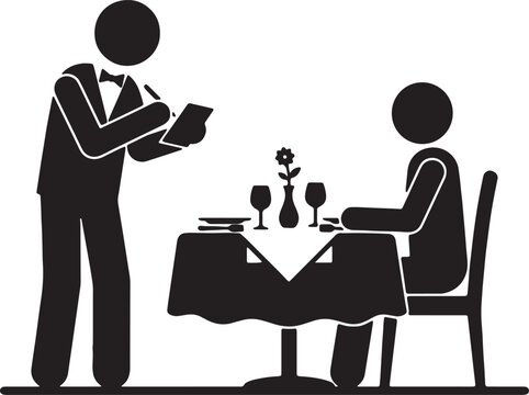 Waiter in suit serving customer at a table with tablecloth wine glasses and flower.