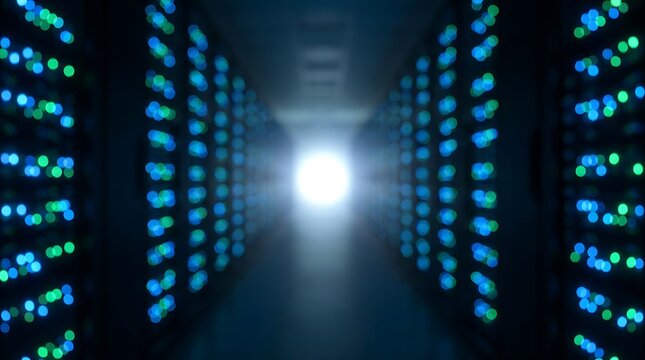 Blurred server room corridor interior with rows of high tech computer cabinets showing blinking blue and green led status lights representing massive data storage processing power.
