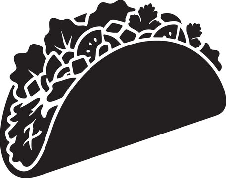 Fresh taco vector silhouette featuring lettuce tomato and cilantro for mexican cuisine branding and restaurant menu decoration with black outline.